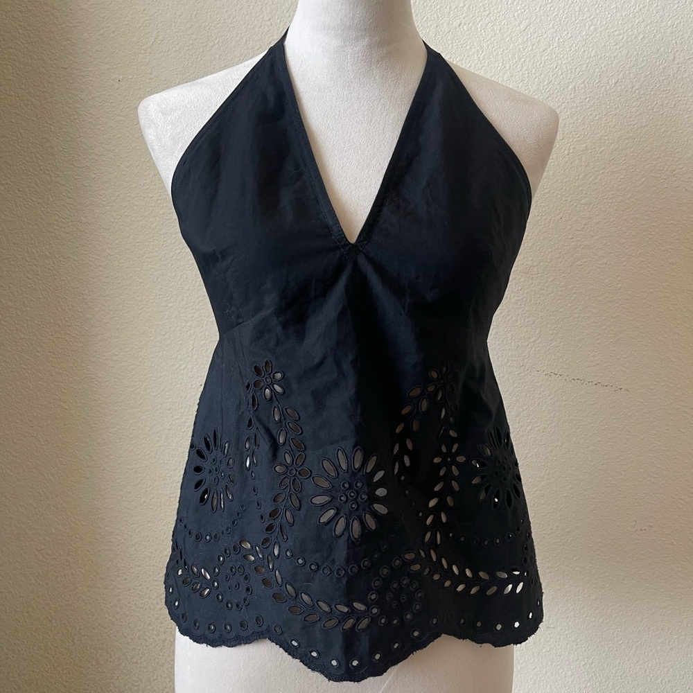 DKNY Black Halter Embroidered Top with Floral Cutouts